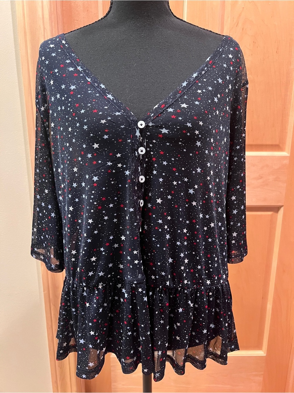 Lane Bryant Navy Peplum Blouse Star Print Sheer Airy Patriotic Casual Top 14/16